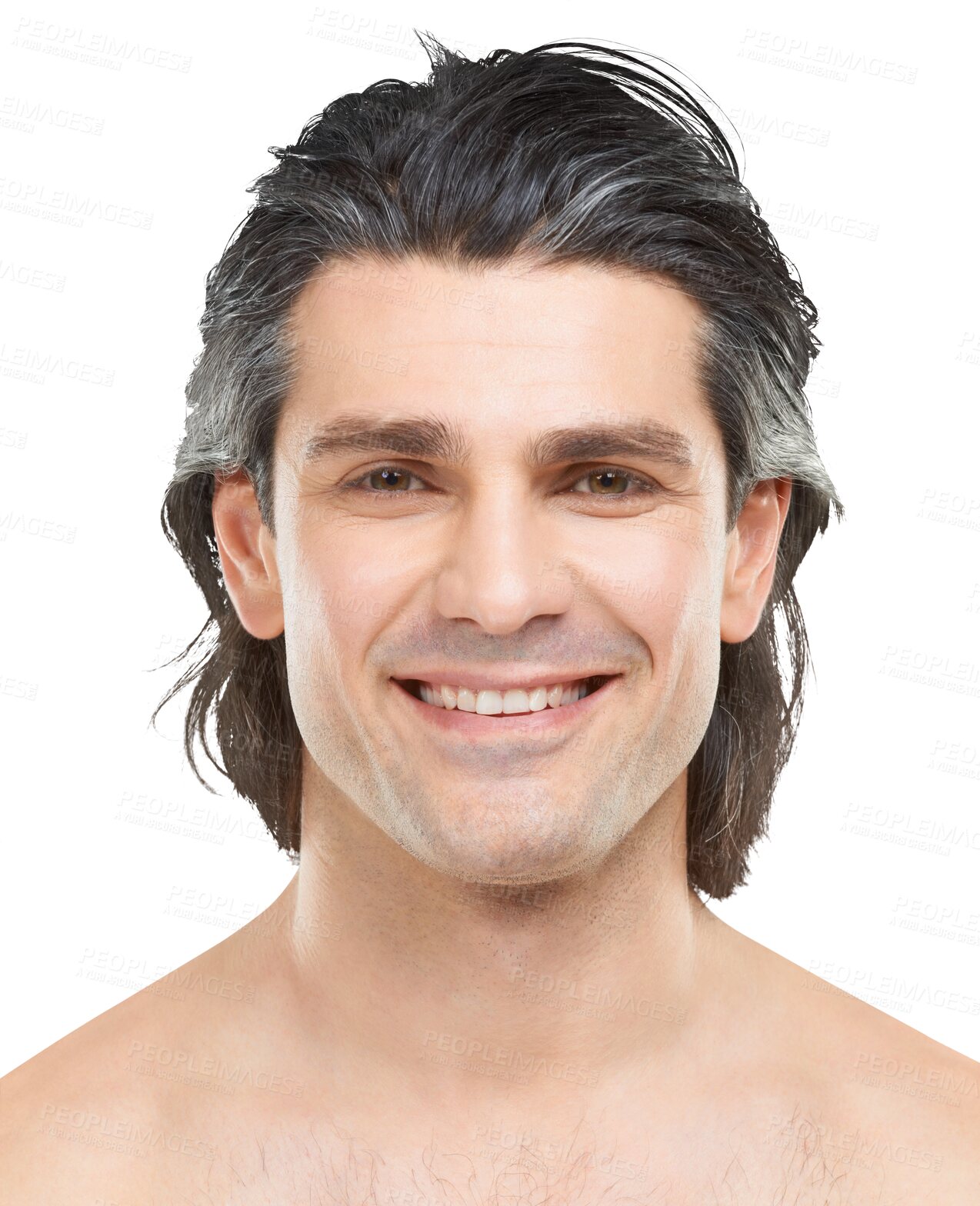 Buy stock photo Mature man, portrait and smile with beauty, skincare or natural cosmetics isolated on png transparent background. Hair care, hygiene and grooming for headshot of happy male model, face or dermatology