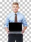 PNG A handsome young businessman holding a laptop open for you while