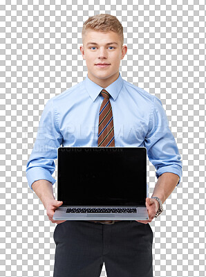 Buy stock photo Businessman, portrait or mockup on laptop, screen or display on isolated, transparent or PNG background. Computer, monitor or technology mock up with business man, model or professional entrepreneur