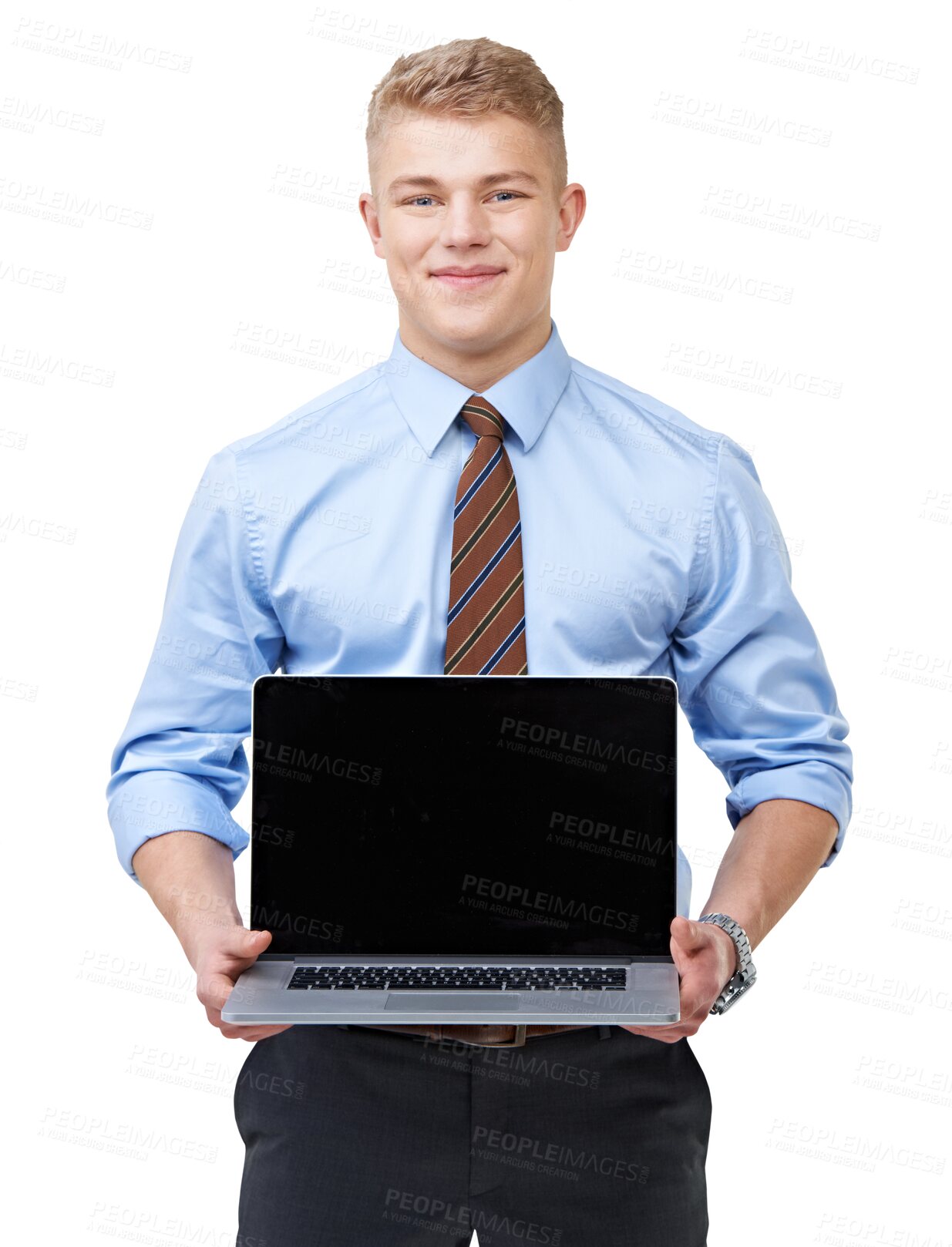 Buy stock photo Portrait, happy businessman or mockup on laptop, screen or technology on isolated, transparent or PNG background. Computer, monitor or mock up with business man, model or professional entrepreneur