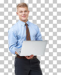 PNG  handsome young businessman holding an open laptop 