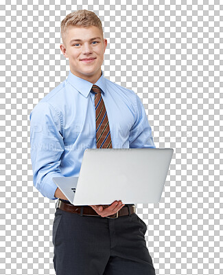 Buy stock photo Portrait, laptop or confident businessman isolated on transparent png background for an online report. Data analysis. smile or happy developer typing, programming or coding on website technology app