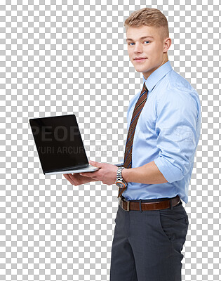 Buy stock photo Portrait, screen or businessman with laptop isolated on transparent png background for an online report. Data analysis app, developer or computer programming for internet coding on website technology