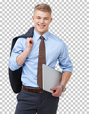 Buy stock photo Portrait, laptop or happy businessman with jacket or smile isolated on transparent png background. Face. success or confident developer smiling ready for programming or coding on website technology