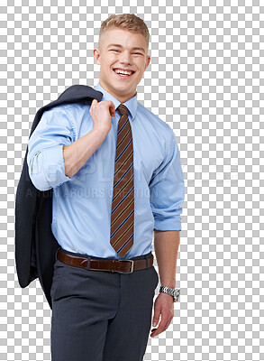 Buy stock photo Portrait, businessman or happy accountant laughing with jacket isolated on transparent png background. Happiness, smile or funny auditor smiling for pride, confidence or professional corporate career