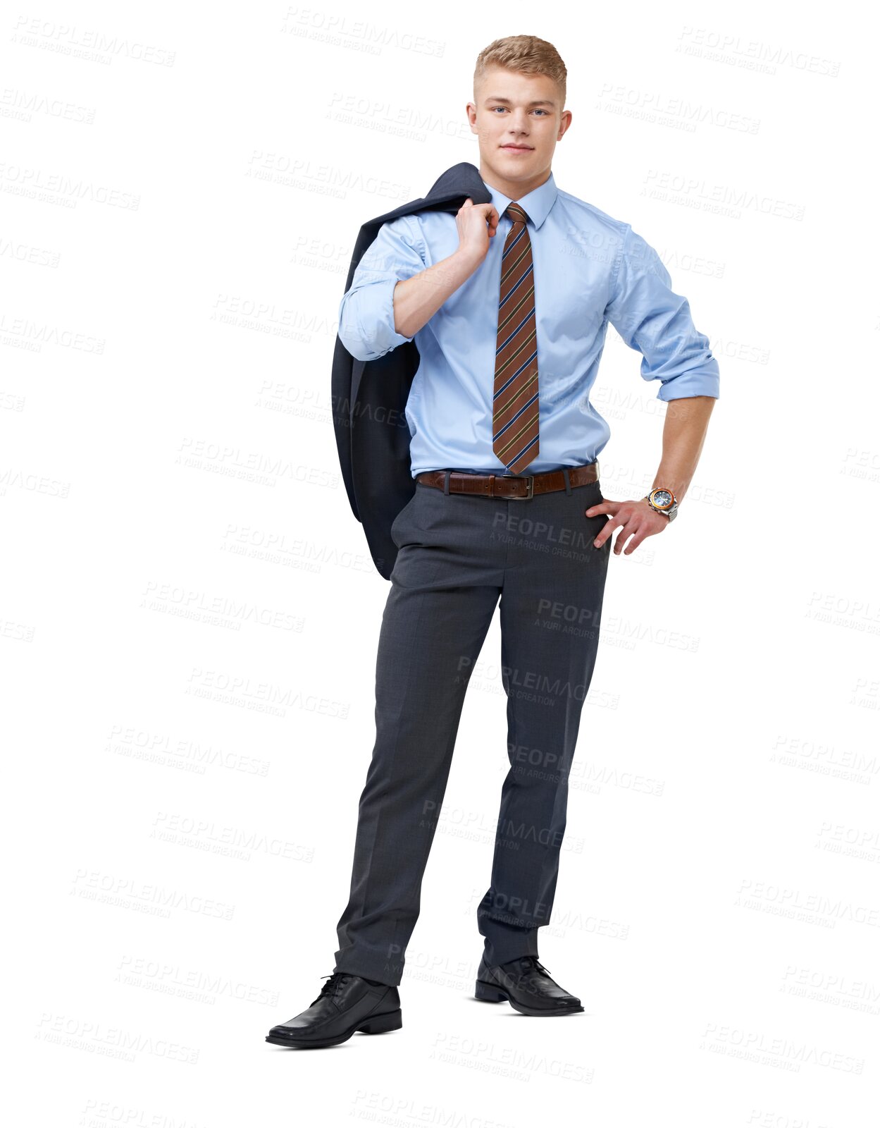 Buy stock photo Portrait, businessman or serious accountant with jacket isolated on transparent png background. Full body, focused accounting manager or proud auditor with confidence, ambition or blazer on shoulder 