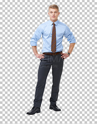 Buy stock photo Portrait, businessman or serious accountant with confidence isolated on transparent png background. Full body, focused executive manager or confident auditor with pride, ambition or hands on hips