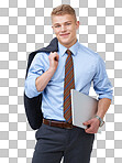 PNG of a young businessman with his jacket over his shoulder holding a laptop