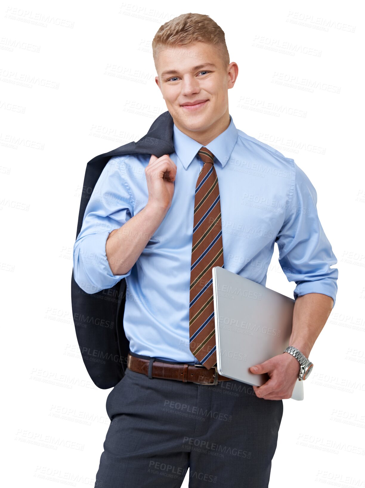 Buy stock photo Portrait, businessman or happy accountant with laptop isolated on transparent png background. Confidence, technology or proud auditor smiling with pride, positive mindset or blazer jacket on shoulder