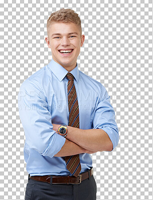 Buy stock photo Portrait, arms crossed and intern with a business man isolated on a transparent background. Corporate, professional and ambition with a young male employee ready for his workplace internship on PNG