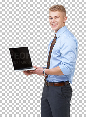 Buy stock photo Portrait, screen or happy businessman with laptop online isolated on transparent png background. Data analysis app. smile or face of developer typing, programming or coding on website technology 
