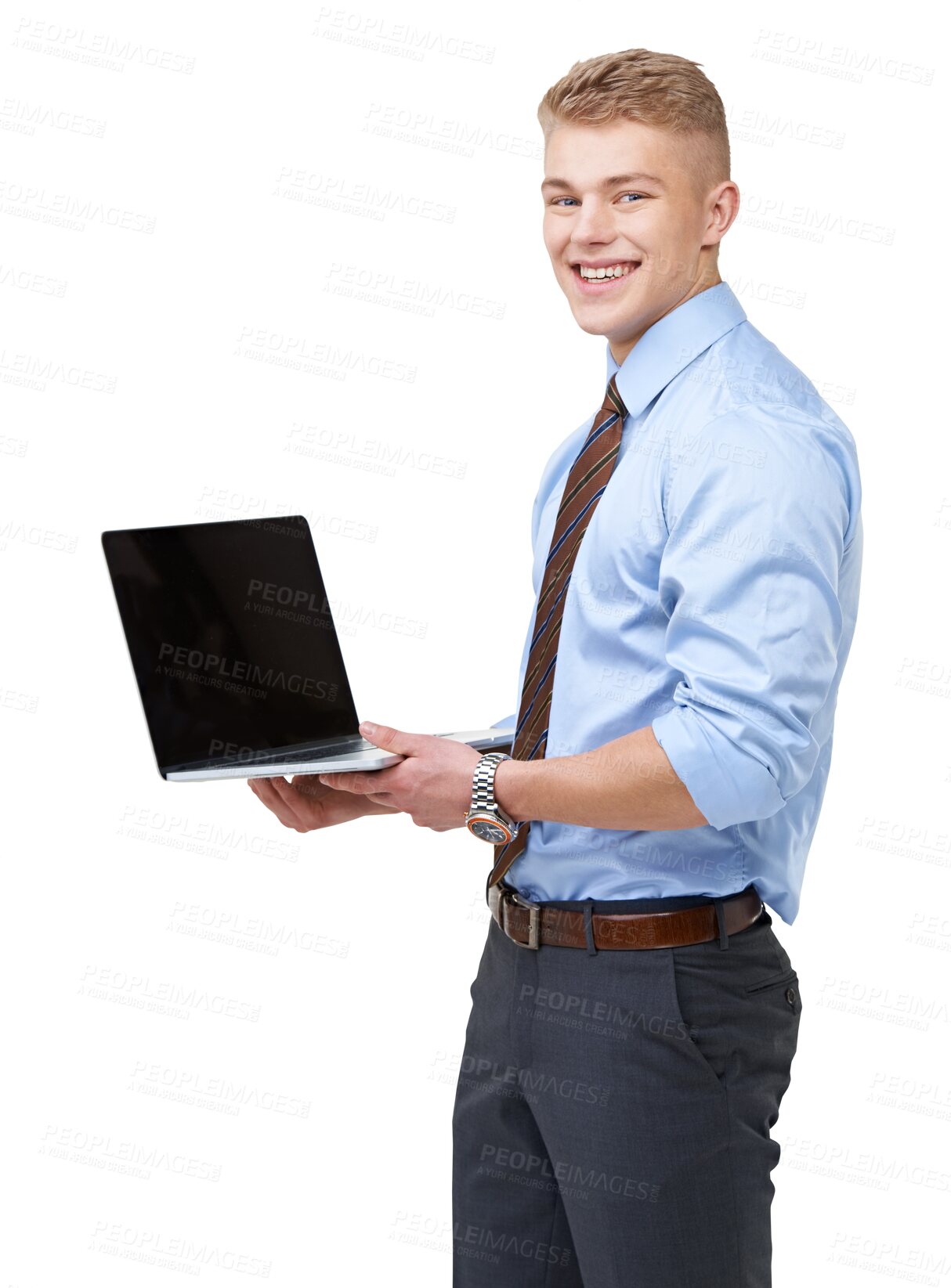 Buy stock photo Portrait, screen or happy businessman with laptop online isolated on transparent png background. Data analysis app. smile or face of developer typing, programming or coding on website technology 