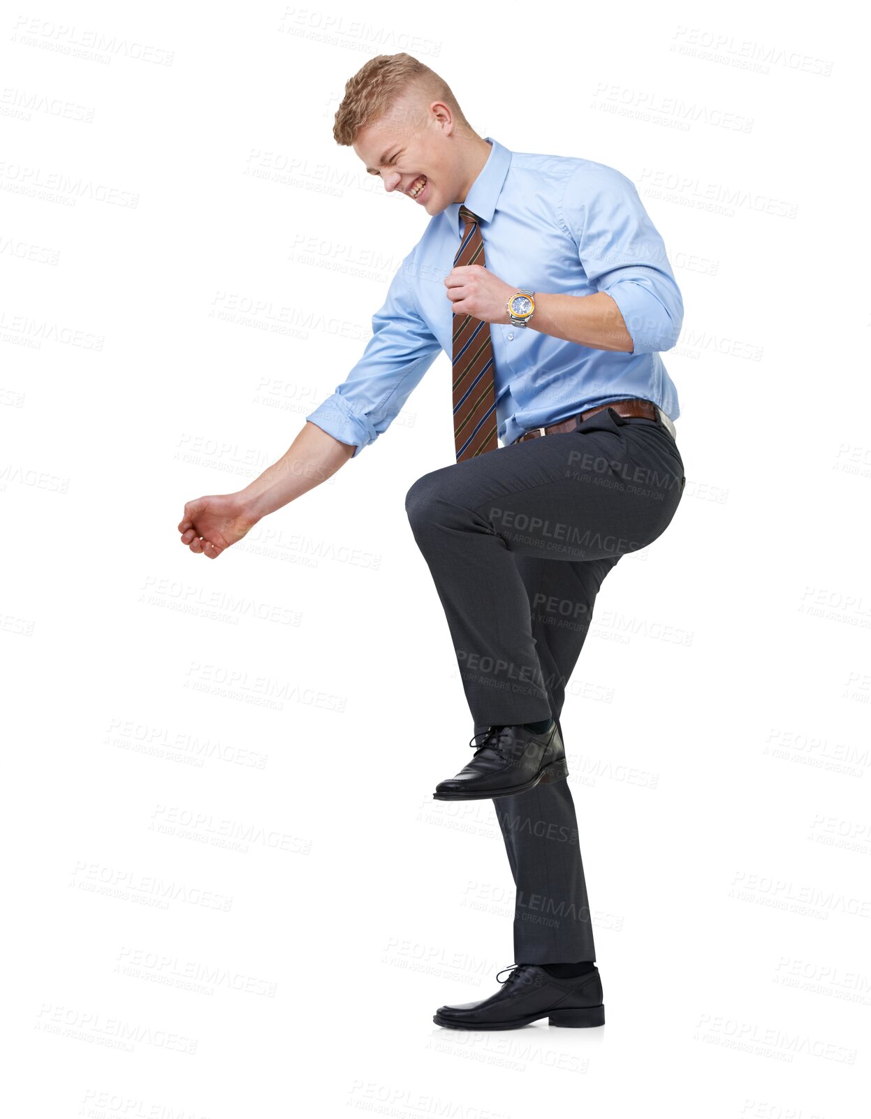 Buy stock photo Happy businessman, celebration and dancing for winning or success isolated on a transparent PNG background. Excited man, employee or business male person in dance for win, victory or bonus promotion
