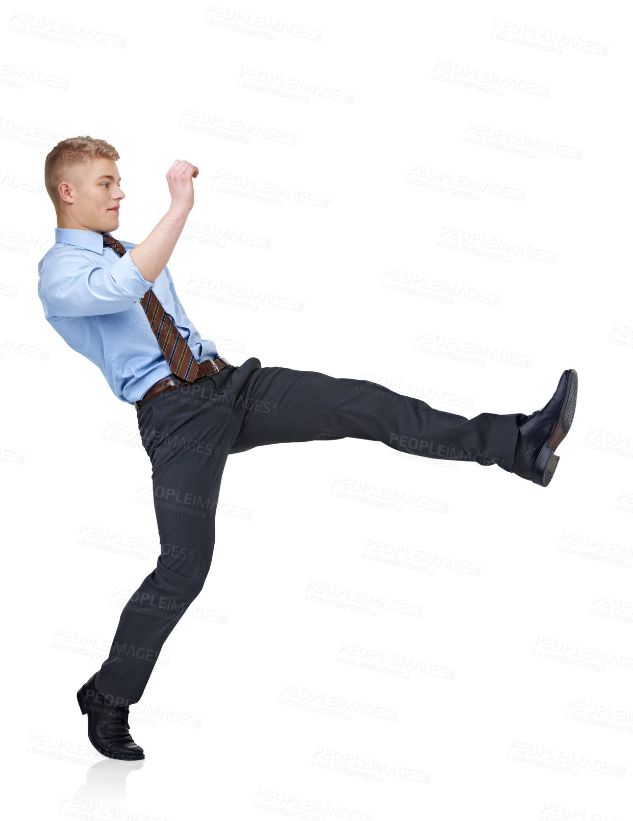 Buy stock photo Big step, business and man with success, opportunity and professional isolated against a transparent background. Male person, entrepreneur and employee with promotion, progress and corporate with png