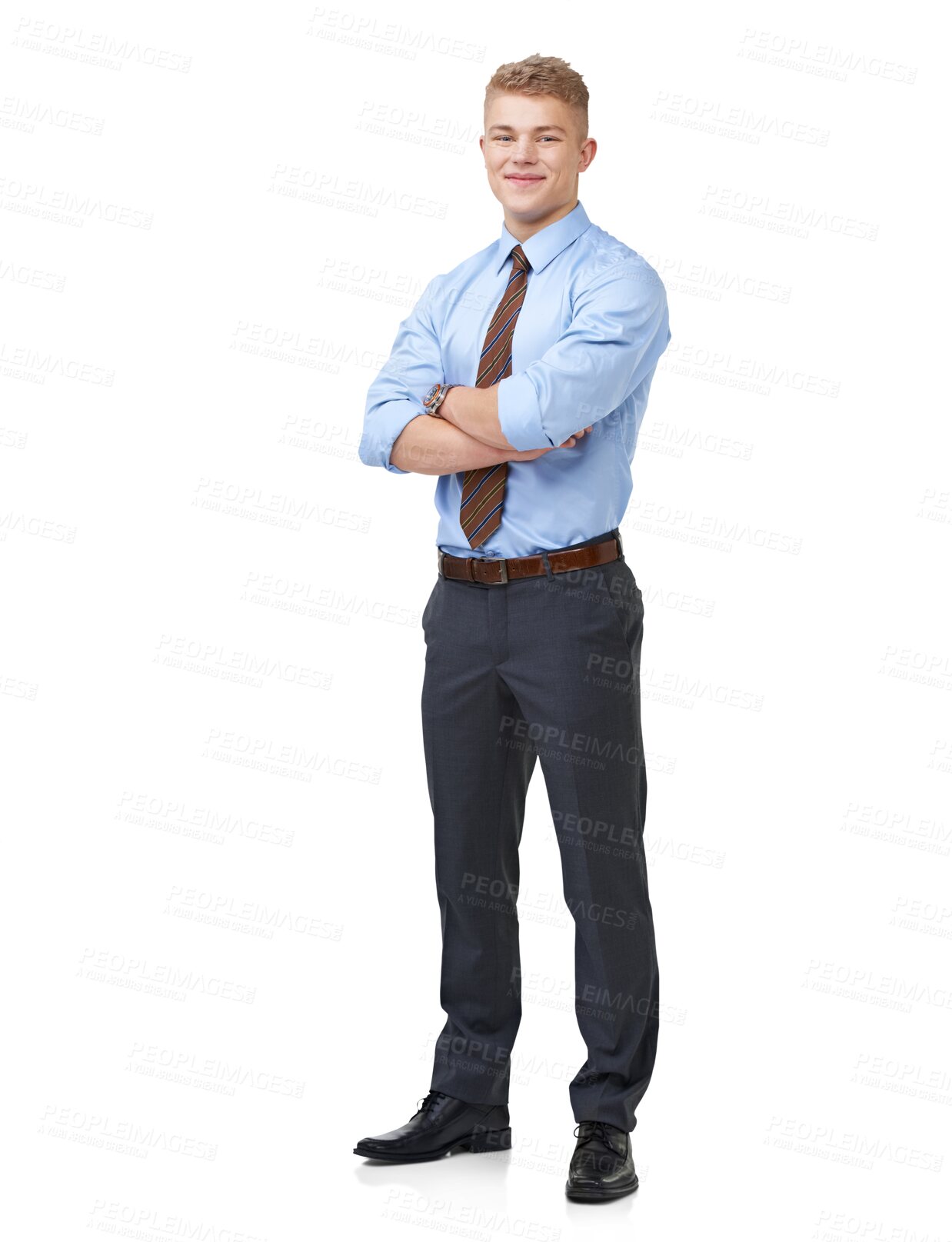 Buy stock photo Portrait, arms crossed and job opportunity with a business man isolated on a transparent background. Corporate, professional and ambition with a young male employee ready as a workplace intern on PNG