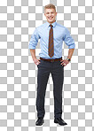 PNG A young businessman in a shirt and tie with his hands on his hips