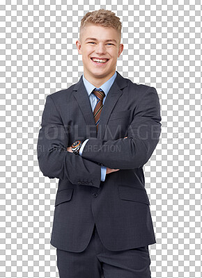 Buy stock photo Happy, businessman and portrait with arms crossed with pride or confidence on isolated, transparent or PNG background. Man, corporate and professional person in a suit with ambition for success