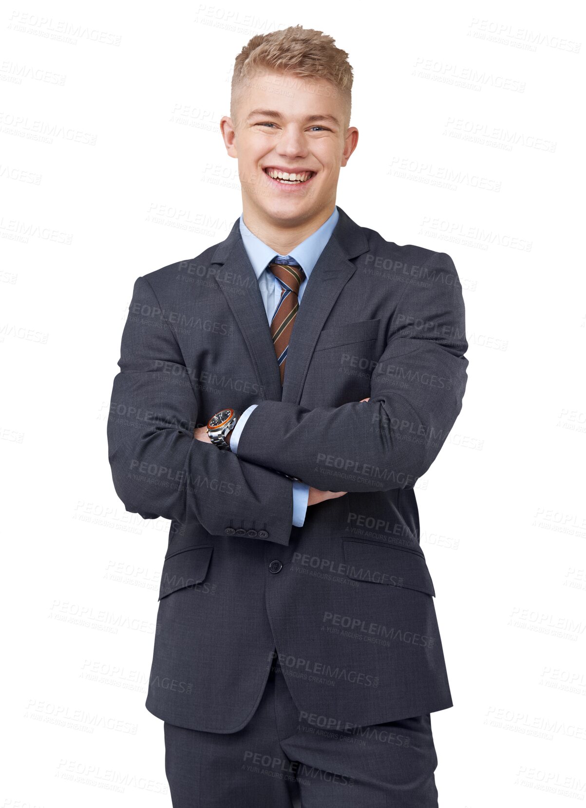Buy stock photo Happy, businessman and portrait with arms crossed with pride or confidence on isolated, transparent or PNG background. Man, corporate and professional person in a suit with ambition for success