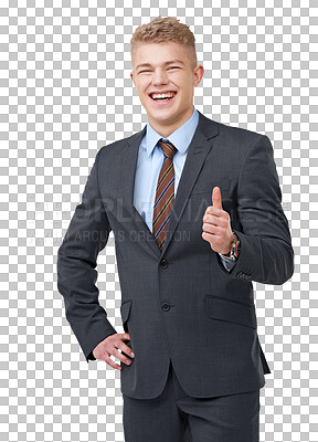 Buy stock photo Thumbs up, portrait and business man success, like and okay or support, vote and subscribe sign. Happy professional person or winner in yes, ok or winning hands isolated on transparent png background
