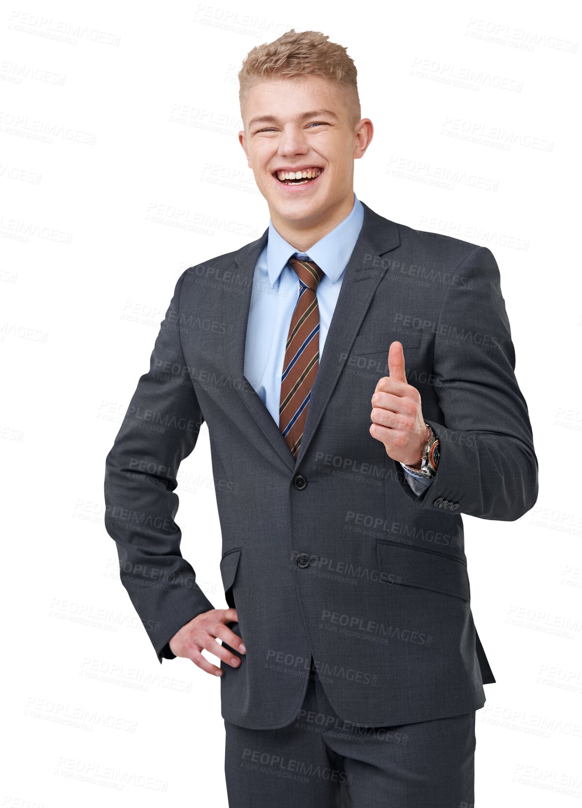 Buy stock photo Thumbs up, portrait and business man success, like and okay or support, vote and subscribe sign. Happy professional person or winner in yes, ok or winning hands isolated on transparent png background