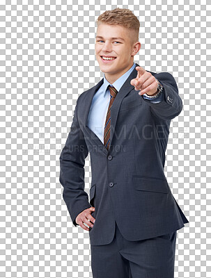Buy stock photo Portrait, businessman or auditor pointing at you with smile isolated on transparent png background. Hand gesture, happy manager or proud accountant smiling with choice, accountability or selection
