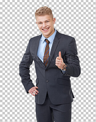 Buy stock photo Portrait, businessman or happy lawyer with thumbs up sign isolated on transparent png background. Smile, manager or proud legal attorney smiling with confidence, success or thumb up hands gesture 