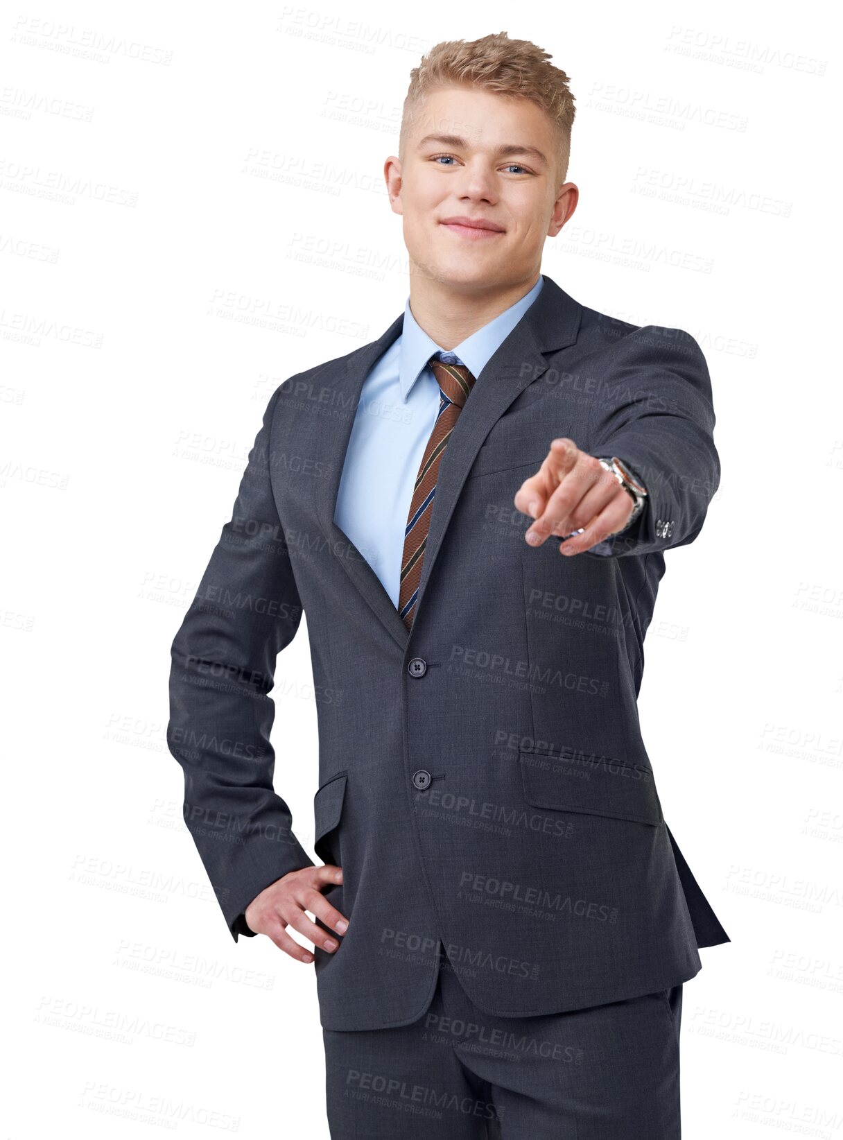 Buy stock photo Happy, portrait and businessman pointing at you while isolated on a transparent png background for hr. Human resources, decision or recruitment choice of young male person with selection for hiring