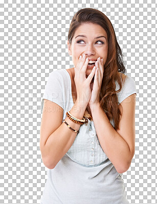 Buy stock photo Smile, excited and woman with surprise, omg and lady isolated against a transparent background. Female person, girl and model shocked, facial expression and shocked with png, winning and achievement