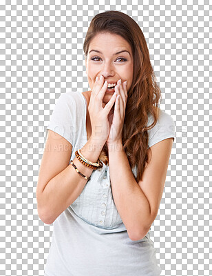 Buy stock photo Portrait, excited and woman with surprise, announcement and girl isolated against a transparent background. Female person, wow and model shocked, facial expression and omg with png, news and a secret