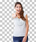 PNG  beautiful young woman pointing her finger at the camera in a teasing gesture