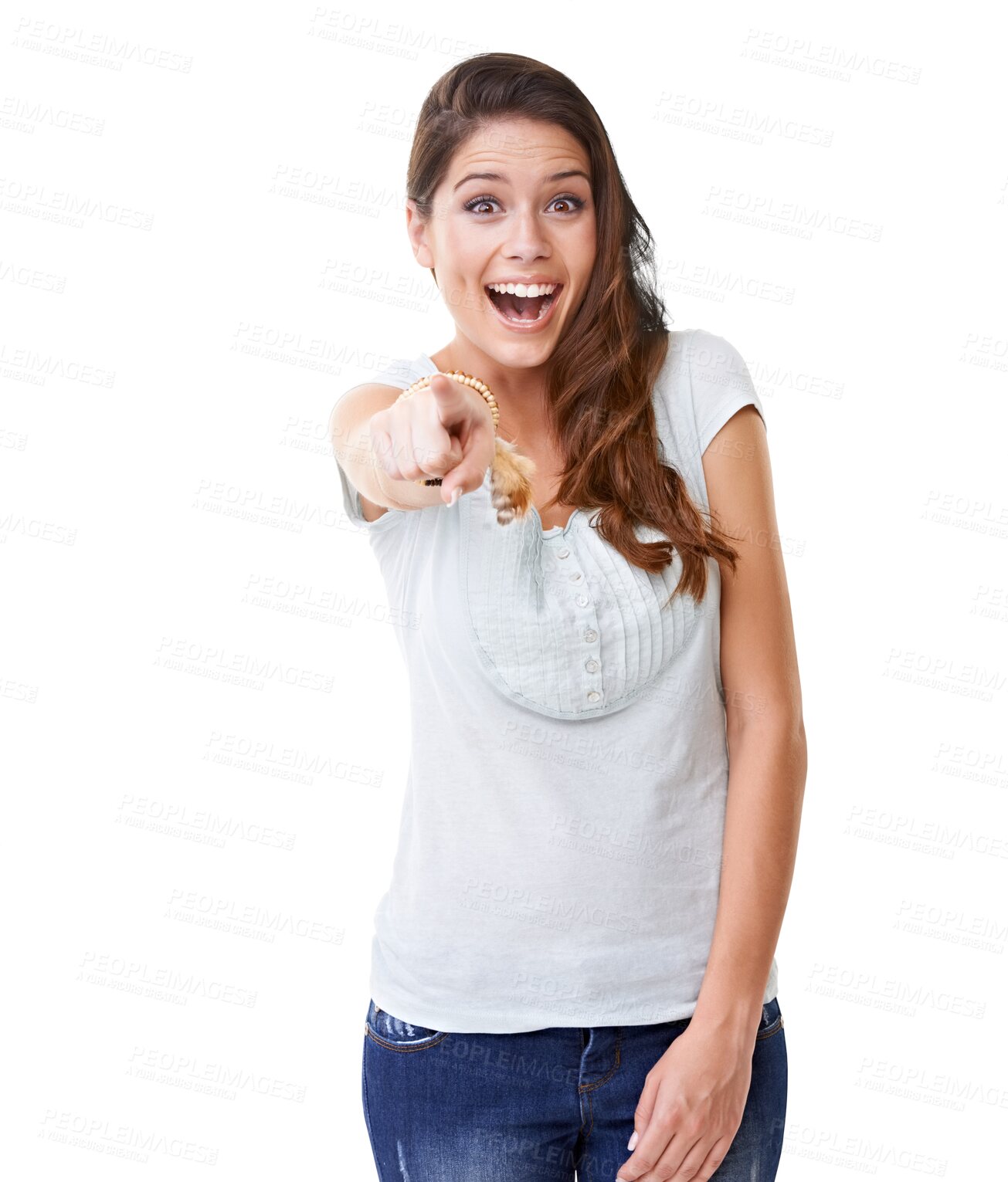 Buy stock photo Pointing to you, portrait and woman with a smile, funny and lady isolated against a transparent background. Face, female person and model with hand gesture, laughing and humor with png, crazy or joke