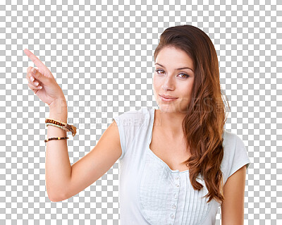 Buy stock photo Advertising, portrait of a woman point for promotion and isolated against a transparent png background. Marketing or promote, choice or options and young female person pointing for advertisement.