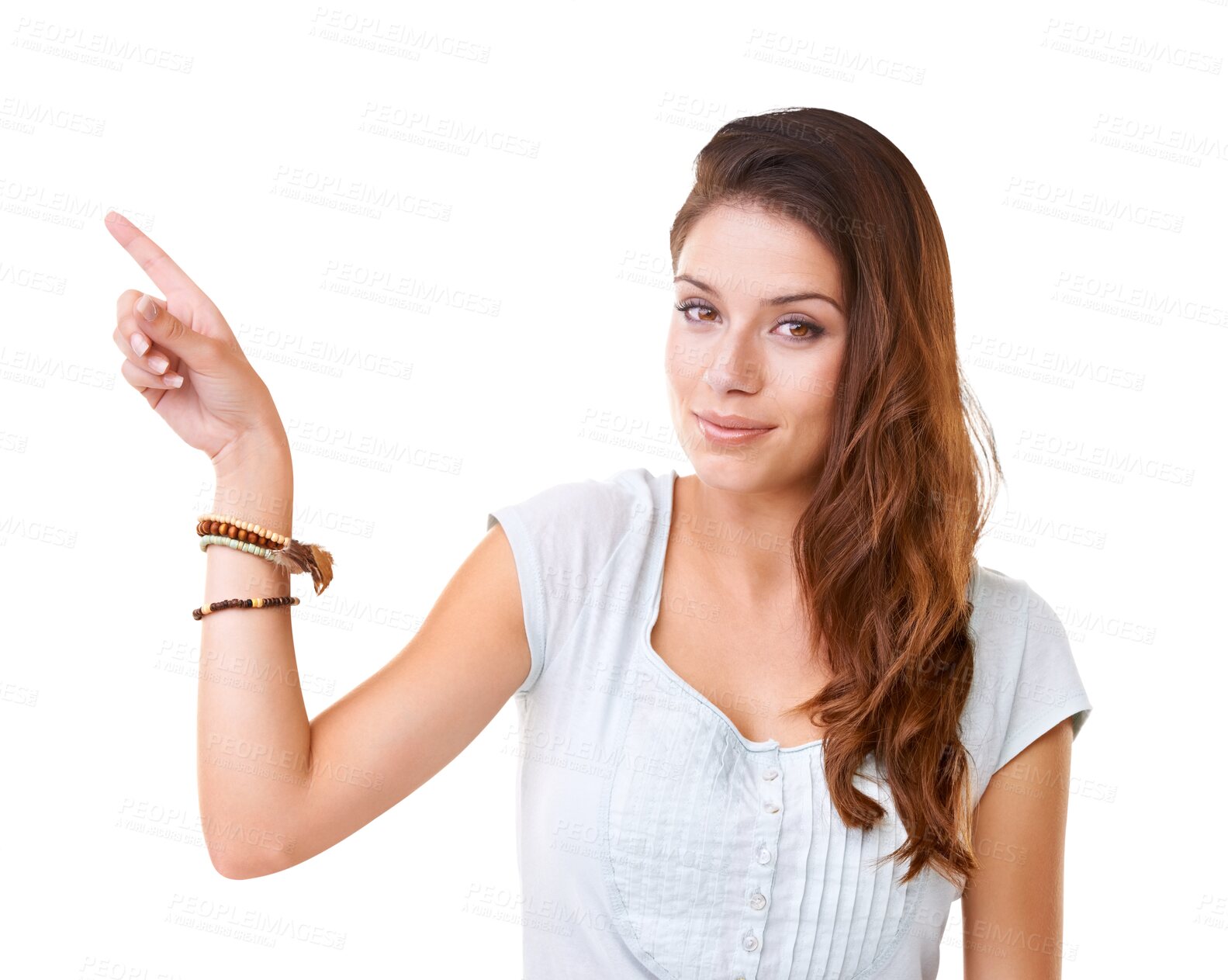 Buy stock photo Advertising, portrait of a woman point for promotion and isolated against a transparent png background. Marketing or promote, choice or options and young female person pointing for advertisement.