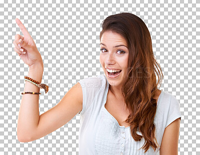 Buy stock photo Excited, portrait and woman pointing to presentation, advertising or promo isolated on transparent png background. Wow, surprise and offer of happy face of person showing ideas, news or information
