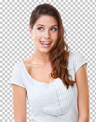 Buy stock photo Funny, tongue out and thinking of young woman with emoji isolated against a transparent png background. Female person, girl and model with expression for idea of silly joke, sneaky face and curious