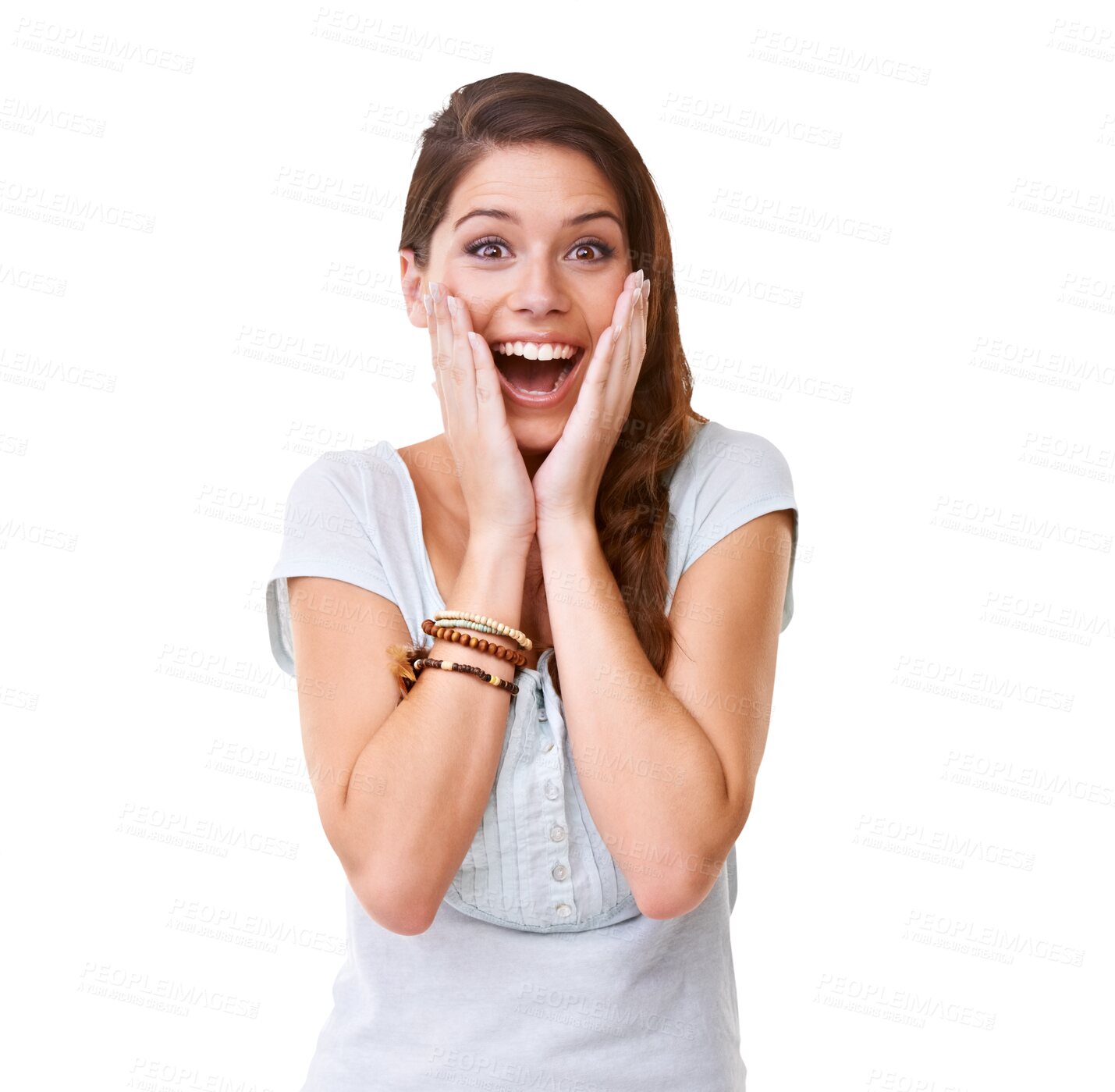 Buy stock photo Wow, surprise and portrait of woman excited on png, isolated and transparent background. Emoji, winner and female person with shock, omg and wtf face expression for announcement, good news or winning