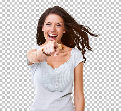 Buy stock photo Portrait, woman laugh and point at you isolated against a transparent png background. Comic or fun, silly or goofy and young female person pointing for entertainment with funny face expression