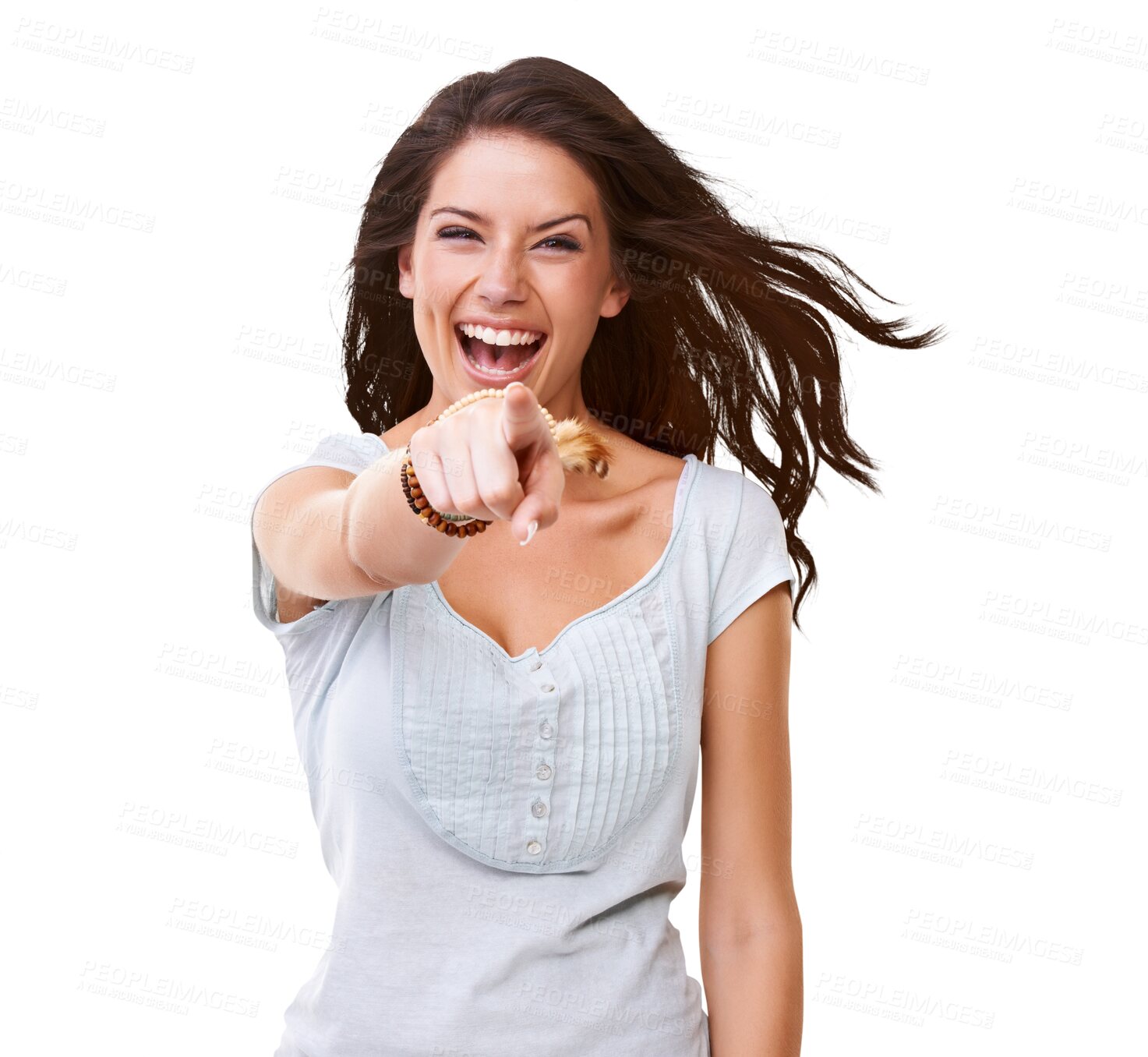 Buy stock photo Portrait, woman laugh and point at you isolated against a transparent png background. Comic or fun, silly or goofy and young female person pointing for entertainment with funny face expression
