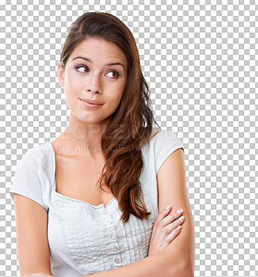 Buy stock photo Face, thinking and young woman with idea isolated on a transparent, png background. Question, advertising and headshot of female model person think of promotion, decision or choice with arms crossed