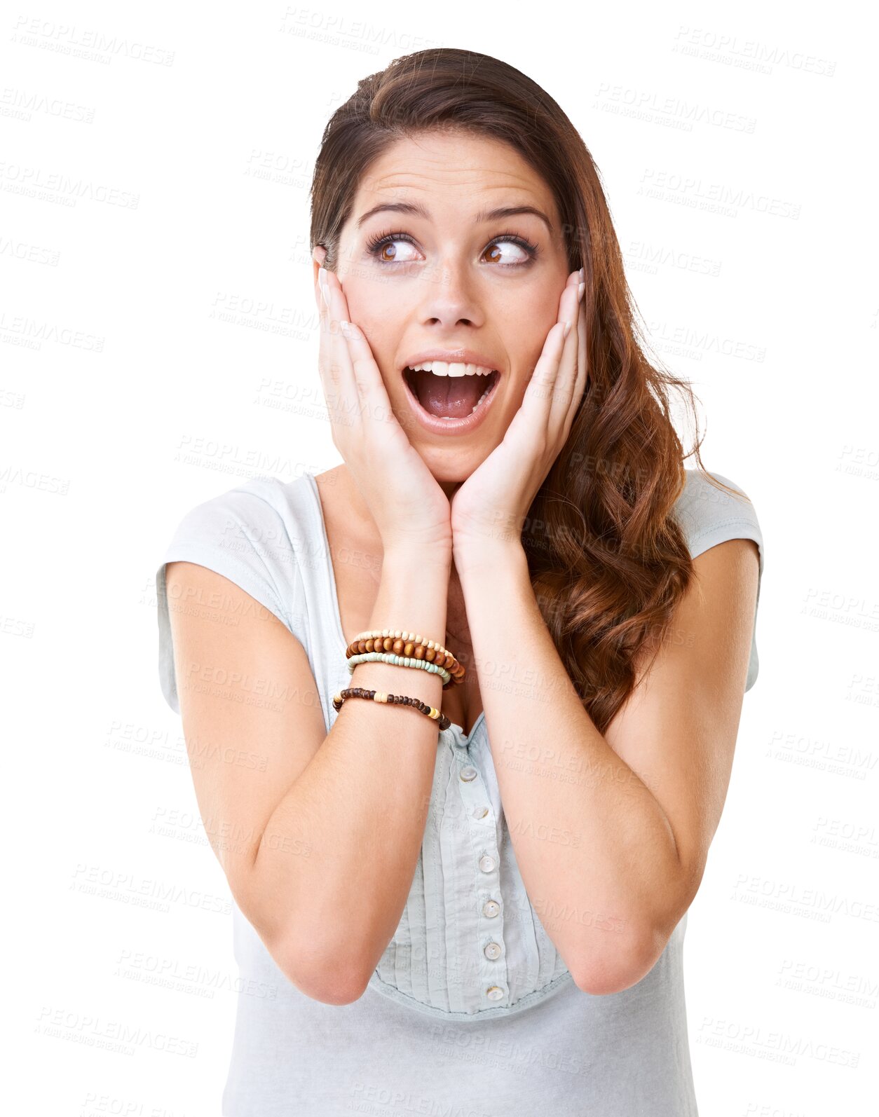 Buy stock photo Wow, surprise and face of woman excited on png, isolated and transparent background. Emoji, winner and female person with shock, omg and wtf facial expression for announcement, good news or winning