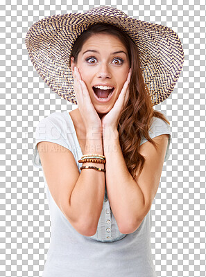 Buy stock photo Fashion, surprise and portrait of woman excited on png, isolated and transparent background. Emoji, wow expression and shocked face of female person with hat  for announcement, good news or winning