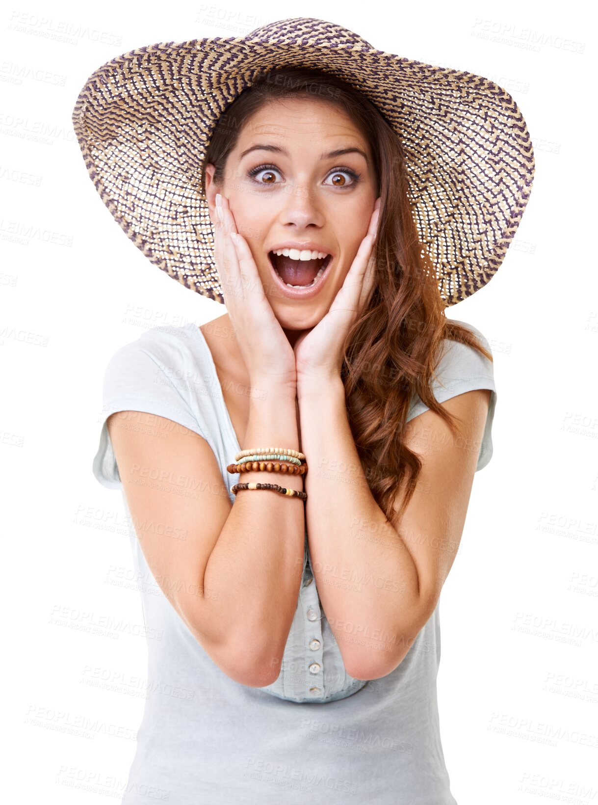 Buy stock photo Fashion, surprise and portrait of woman excited on png, isolated and transparent background. Emoji, wow expression and shocked face of female person with hat  for announcement, good news or winning