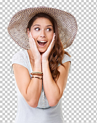 Buy stock photo Surprise, fashion and woman in hat isolated on a transparent png background. Wow, shocked and excited young female model, girl or person with happiness for success, winning prize or bonus promotion.