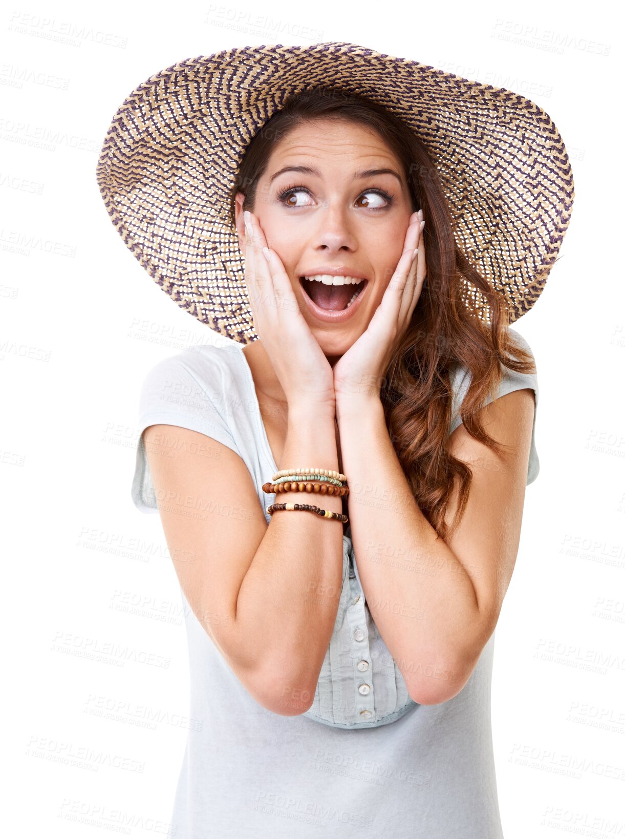 Buy stock photo Fashion, surprise and face of woman excited on png, isolated and transparent background. Emoji, winner and female person with shock, omg and wtf facial expression for discount, good news or winning