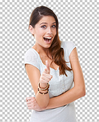 Buy stock photo Happy woman in portrait, excited and pointing at you, motivation and choice isolated on transparent png background. Female model decision, accountability and choosing, hand gesture and opportunity