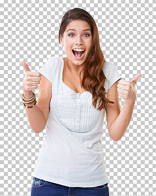 Buy stock photo Excited, thumbs up and portrait of a woman with celebration, achievement and confidence. Happy, smile and young female model with a ok or agreement hand gesture isolated by transparent png background