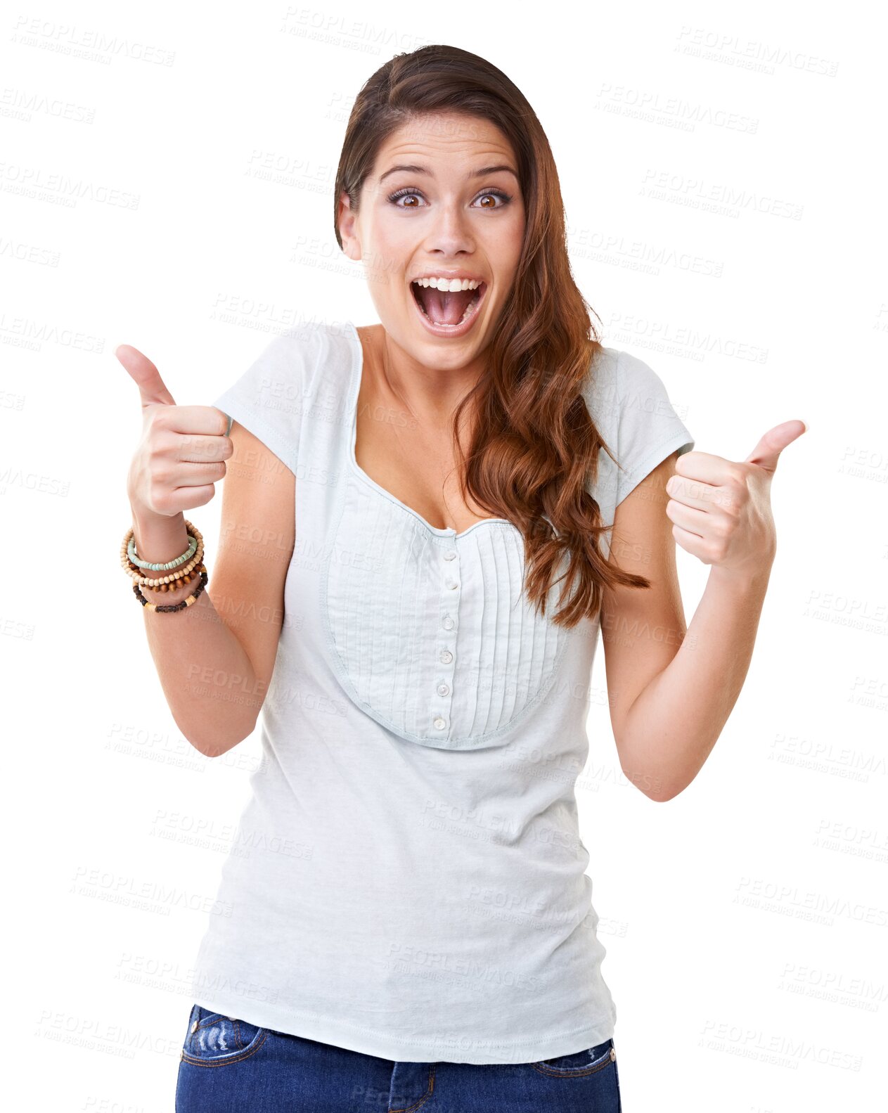 Buy stock photo Excited, thumbs up and portrait of a woman with celebration, achievement and confidence. Happy, smile and young female model with a ok or agreement hand gesture isolated by transparent png background