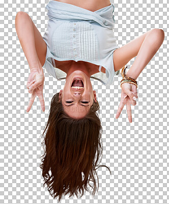 Buy stock photo Woman is upside down, excited and peace sign, crazy and playful mindset isolated on png transparent background. Hand gesture, V emoji and happiness, goofy female model in portrait, fun and care free