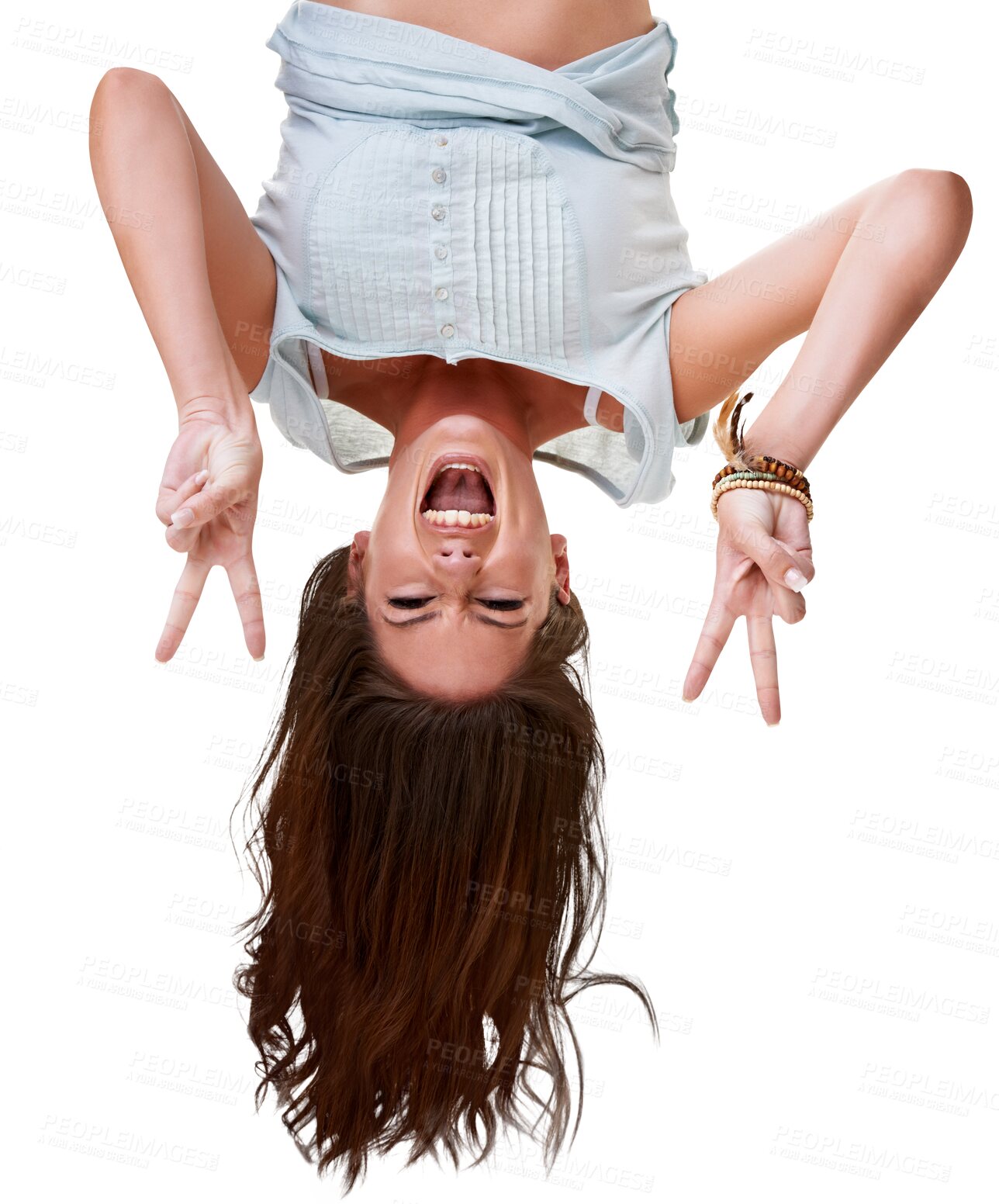 Buy stock photo Woman is upside down, excited and peace sign, crazy and playful mindset isolated on png transparent background. Hand gesture, V emoji and happiness, goofy female model in portrait, fun and care free