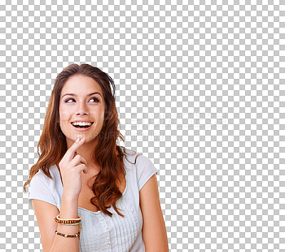 Buy stock photo Thinking, excited and woman or student in education, university and vision or decision isolated on transparent png background. Solution, inspiration and young person ideas, future or college choice